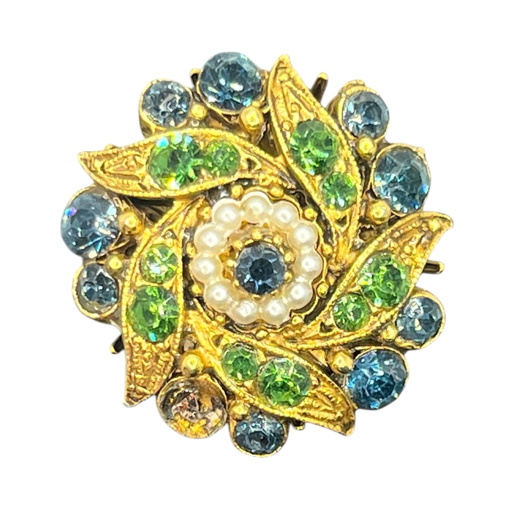 Florenza Blue Green Rhinestone Faux Pearl Ornate Band Gold Tne Cocktail Ring 8.5